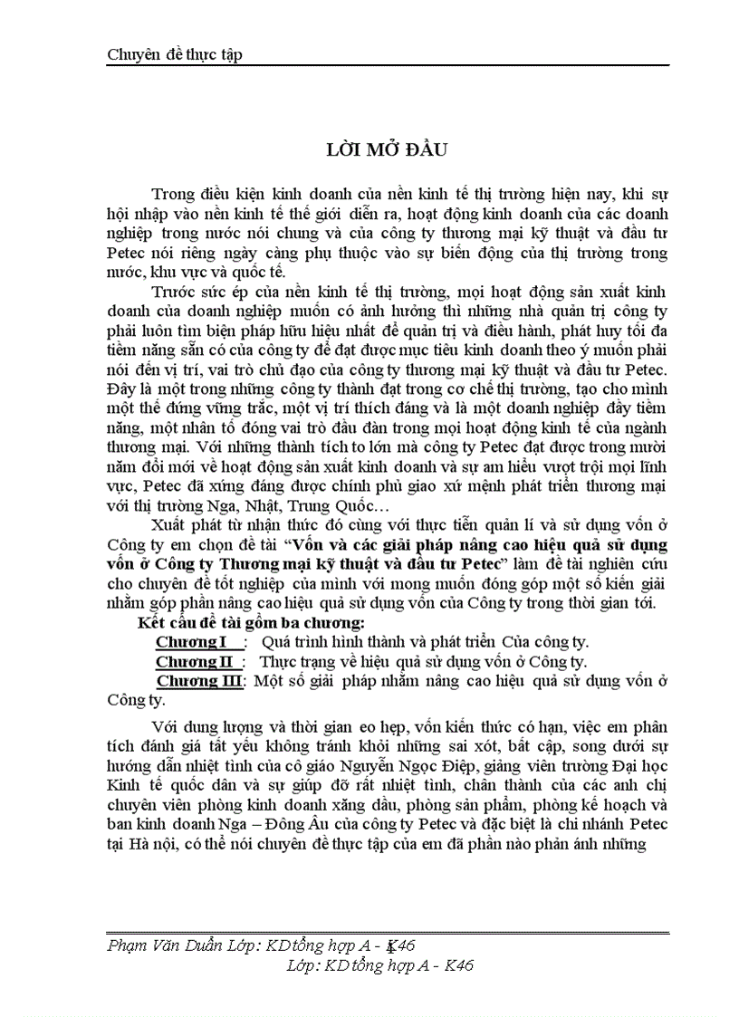 Vốn và các giải pháp nâng cao hiệu quả sử dụng vốn ở Công ty Thương mại kỹ thuật và đầu tư Petec 1