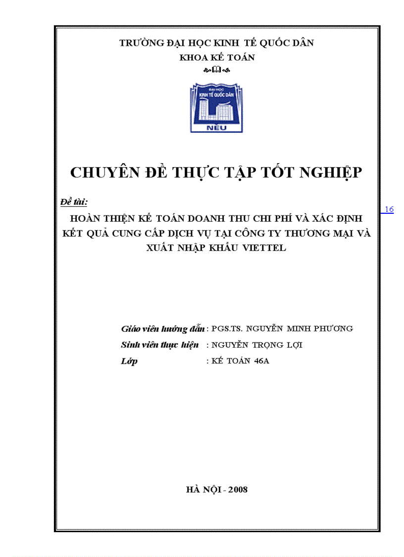 image for page Hoàn thiện kế toán chi phí doanh thu và xác định kết quả cung cấp dịch vụ tại Công ty thương mại và XNK Viettel 1