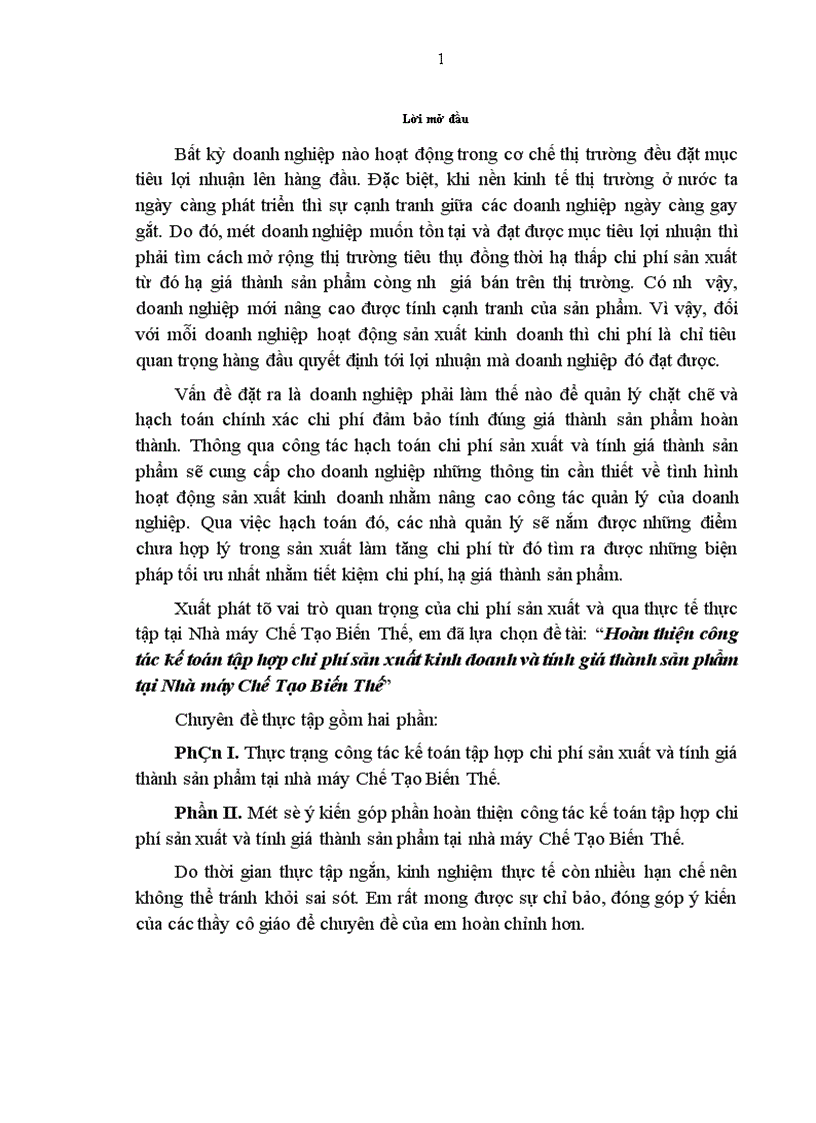 image for page Hoàn thiện công tác kế toán tập hợp chi phí sản xuất kinh doanh và tính giá thành sản phẩm tại Nhà máy Chế Tạo Biến Thế 1