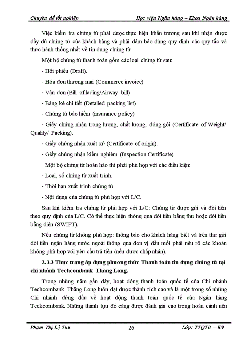 image for page Thực trạng và một số giải pháp phát triển Thanh toán quốc tế theo phương thức Tín dụng chứng từ tại Techcombank Thăng Long 1