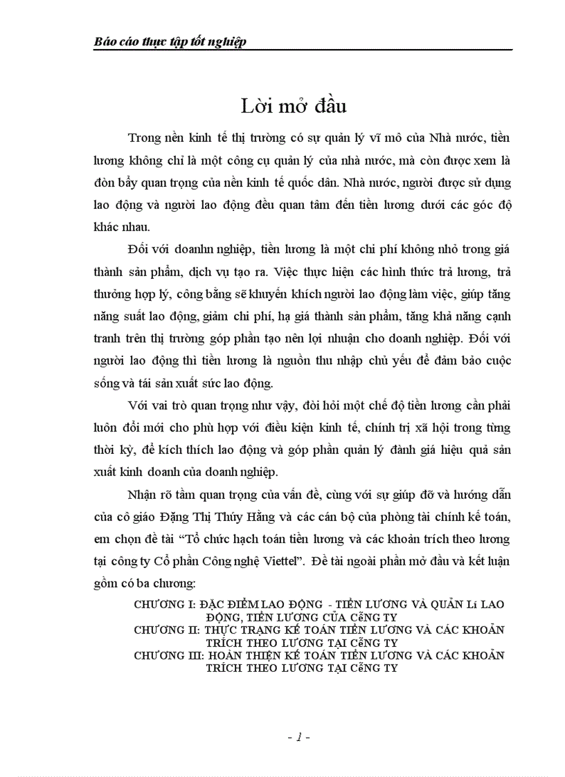 Tổ chức hạch toán tiền lương và các khoản trích theo lương tại công ty Cổ phần Công nghệ Viettel 1
