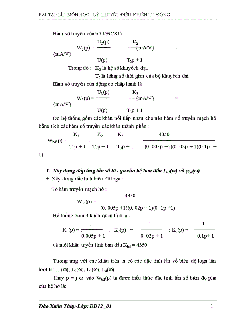 Lý thuyết Điều khiển tự động 1