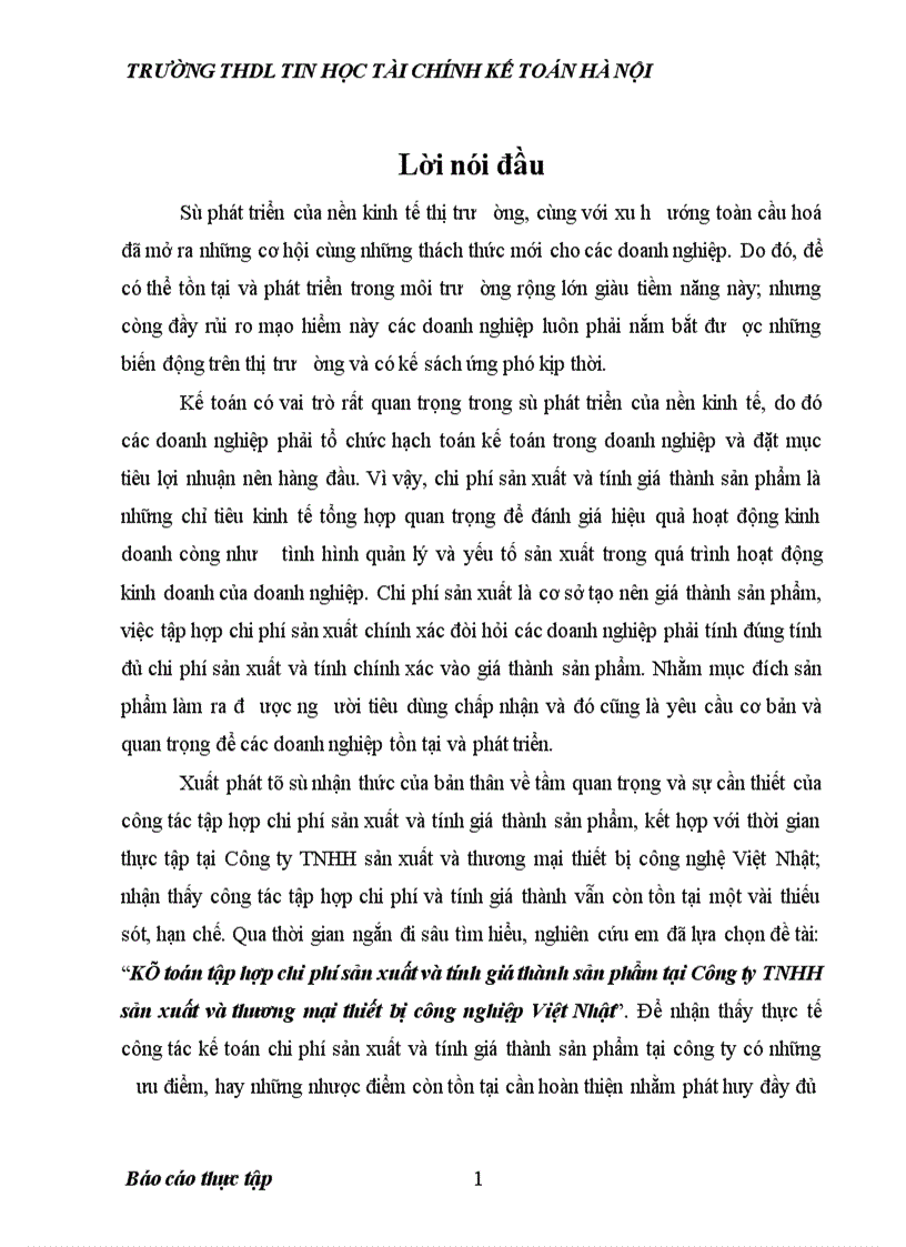 Kế toán tập hợp chi phí sản xuất và tính giá thành sản phẩm tại Công ty TNHH sản xuất và thương mại thiết bị công nghiệp Việt Nhật 1