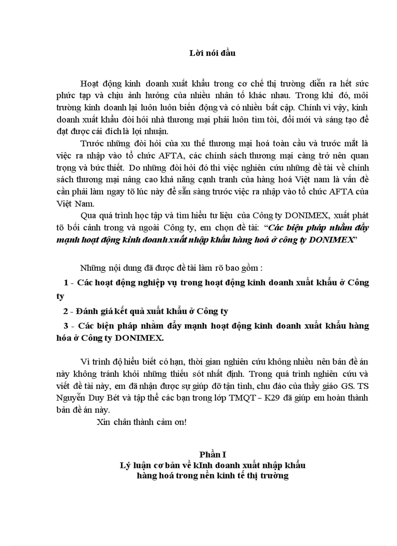 Các biện pháp nhằm đẩy mạnh hoạt động kinh doanh xuất nhập khẩu hàng hoá ở công ty DONIMEX 1