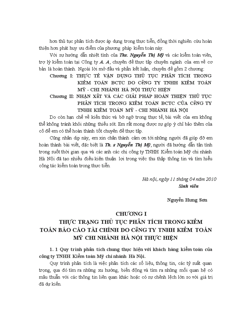 Vận dụng thủ tục phân tích trong kiểm toán báo cáo tài chính do Công ty TNHH Kiểm toán Mỹ chi nhánh Hà Nội thực hiện 1