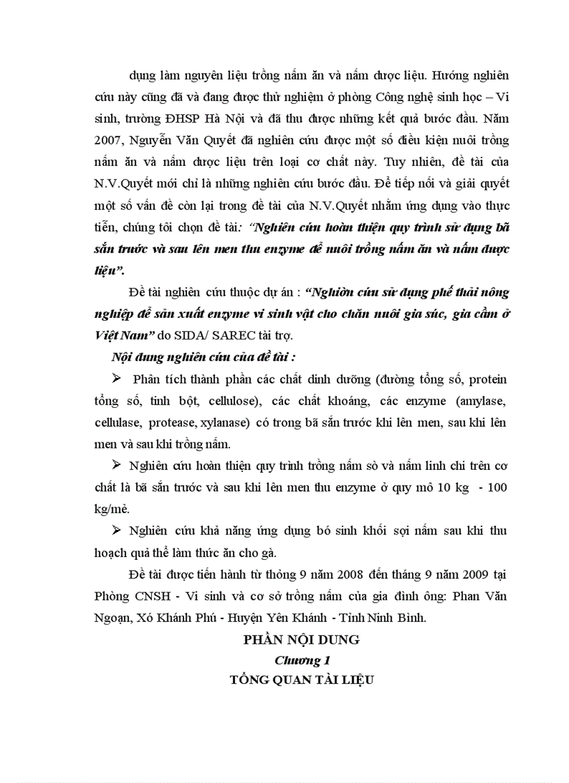 image for page Nghiên cứu hoàn thiện quy trình sử dụng bã sắn trước và sau lên men thu enzyme để nuôi trồng nấm ăn và nấm dược liệu 1