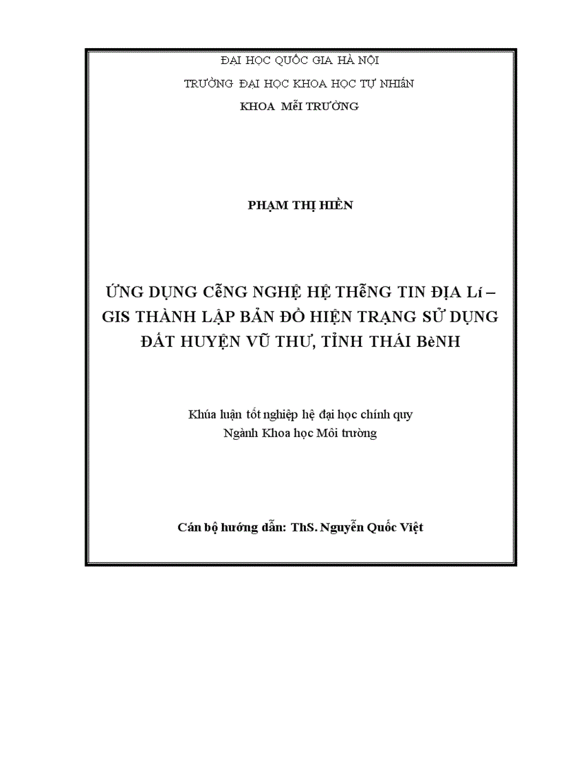 image for page Ứng dụng công nghệ hệ thông tin địa lý GIS thành lập bản đồ hiện trạng sử dụng đất huyện Vũ Thư tỉnh Thái Bình