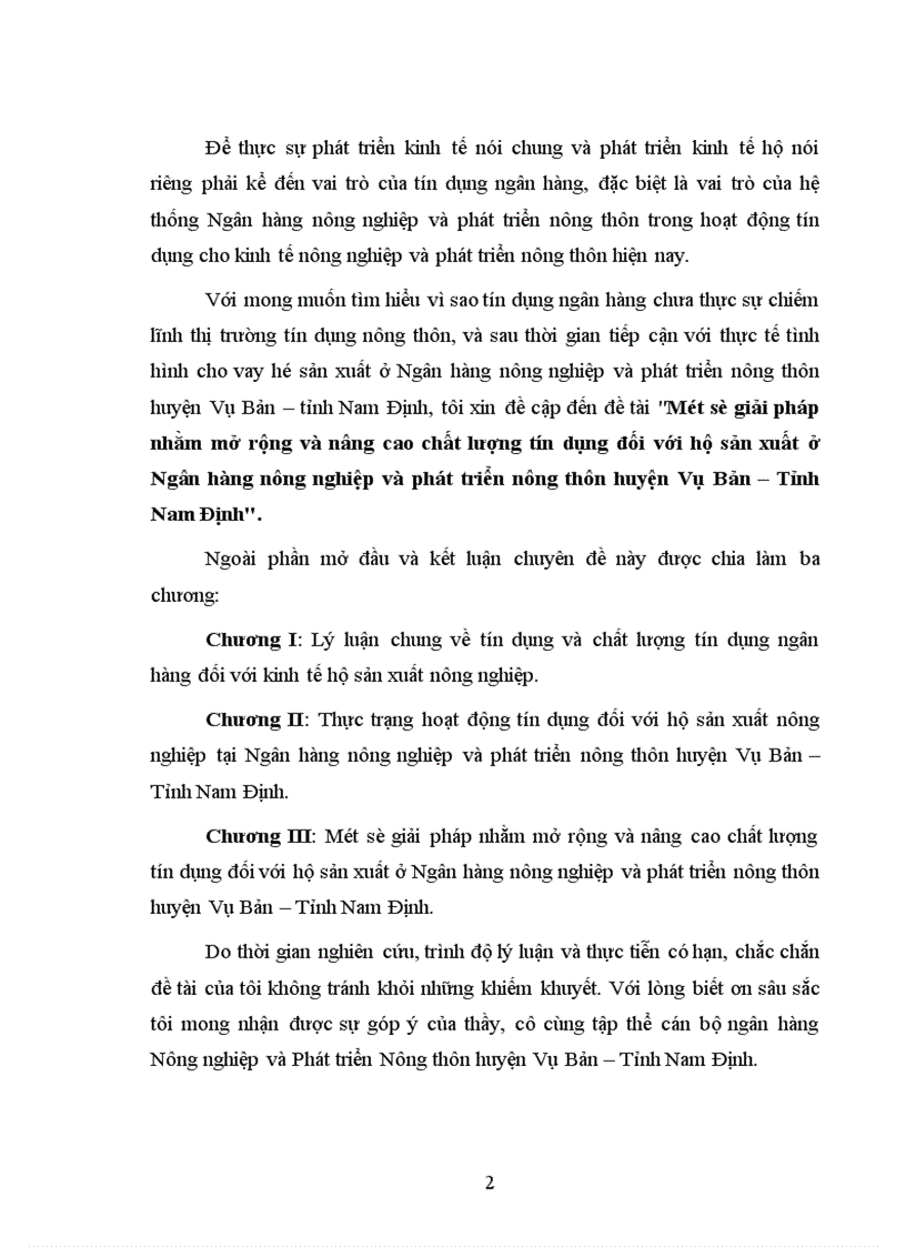 Một số giải pháp nhằm mở rộng và nâng cao chất lượng tín dụng đối với hộ sản xuất ở Ngân hàng nông nghiệp và phát triển nông thôn huyện Vụ Bản Tỉnh Nam Định 1