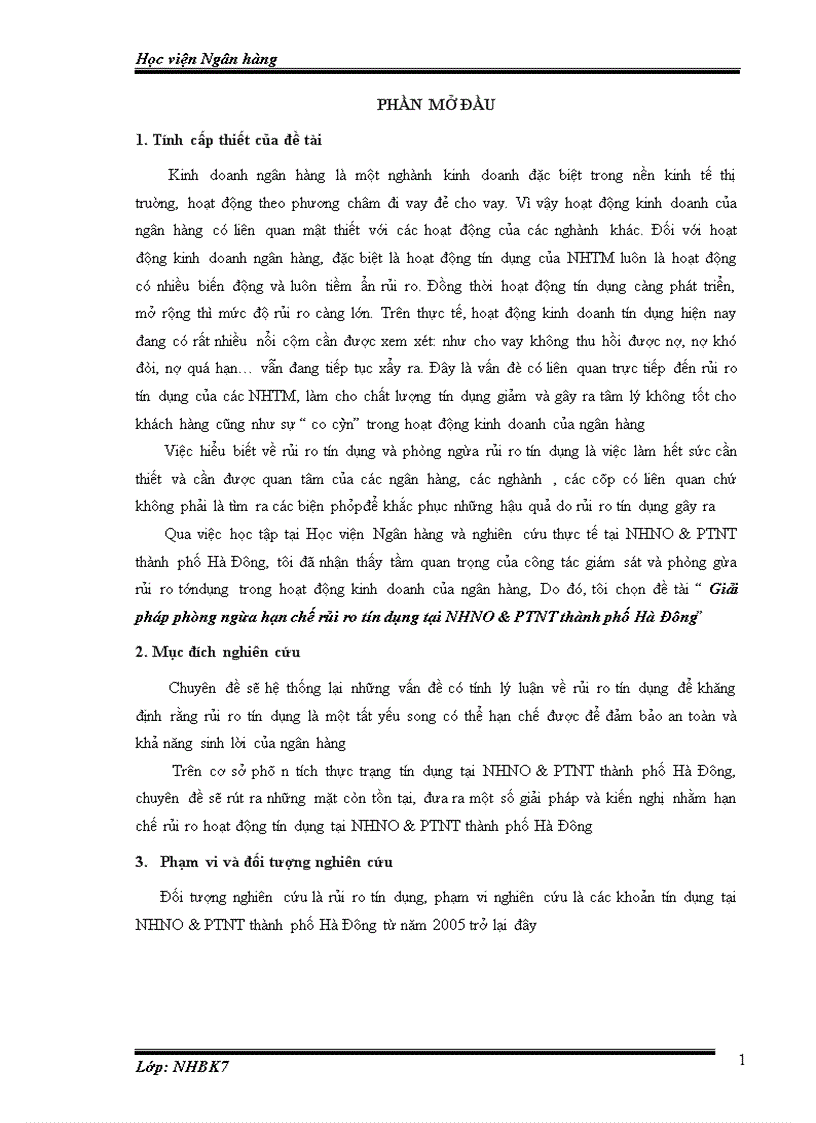 Giải pháp phòng ngừa hạn chế rủi ro tín dụng tại NHNO PTNT thành phố Hà Đông 1