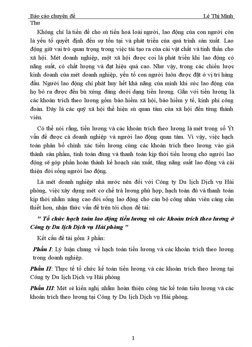 Tổ chức hạch toán lao động tiền lương và các khoản trích theo lương ở Công ty Du lịch Dịch vụ Hải phòng 1