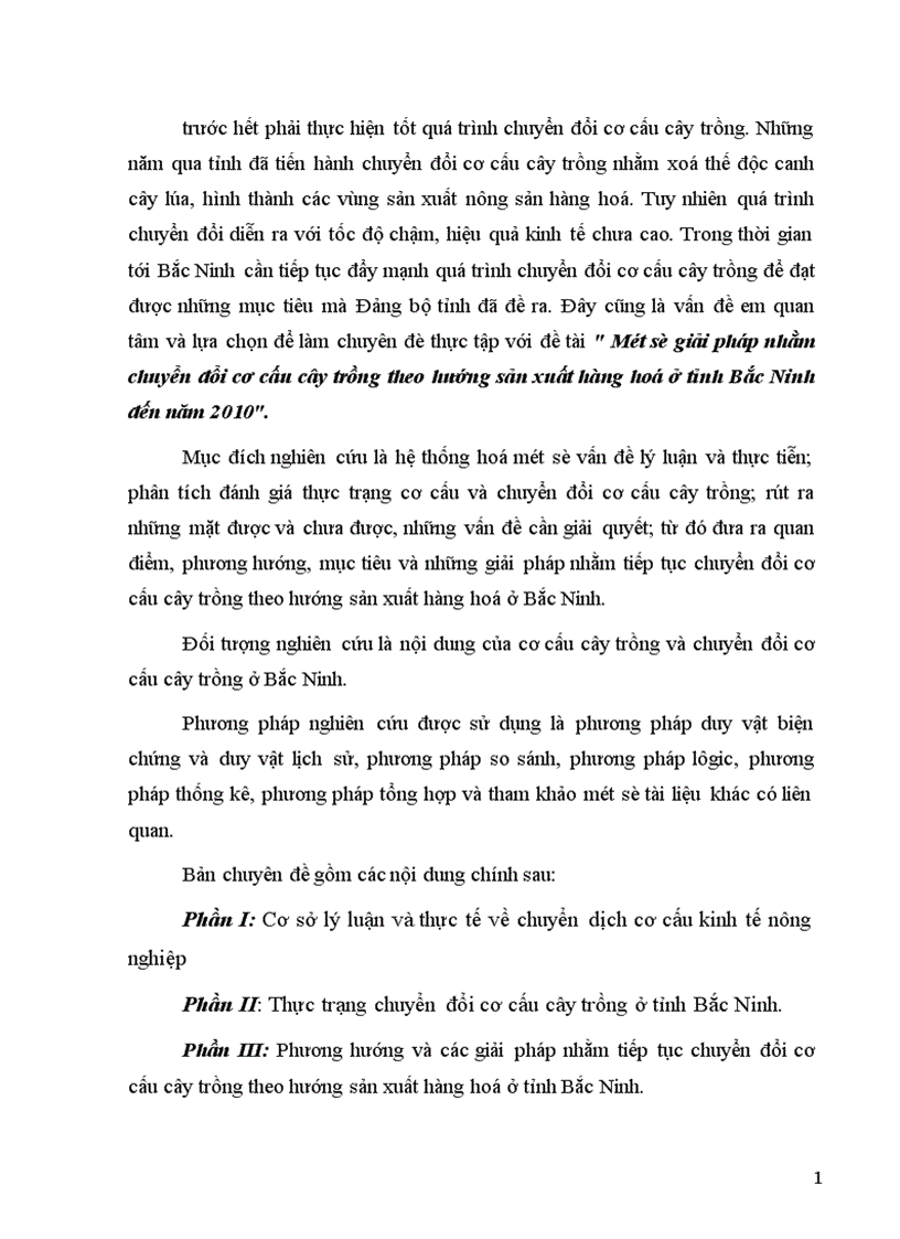 Một số giải pháp nhằm chuyển đổi cơ cấu cây trồng theo hướng sản xuất hàng hoá ở tỉnh Bắc Ninh đến năm 2010