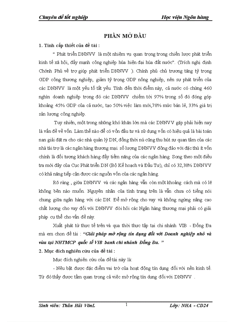image for page Giải pháp mở rộng tín dụng đối với Doanh nghiệp nhỏ và vừa tại NHTMCP quốc tế VIB bank chi nhánh Đống Đa