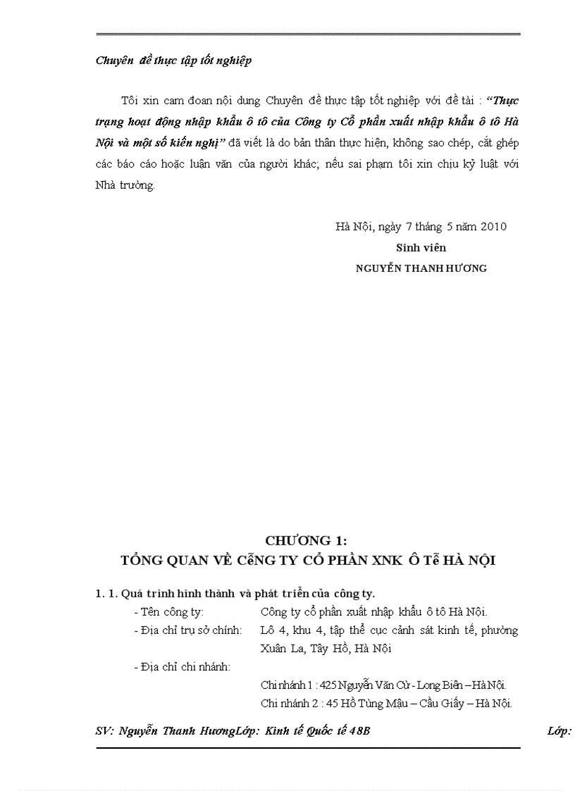 Thực trạng hoạt động nhập khẩu ô tô của Công ty Cổ phần xuất nhập khẩu ô tô Hà Nội