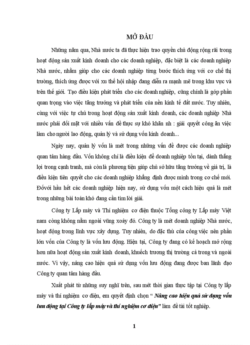 image for page Nâng cao hiệu quả sử dụng vốn lưu động tại Công ty lắp máy và thí nghiệm cơ điện 1