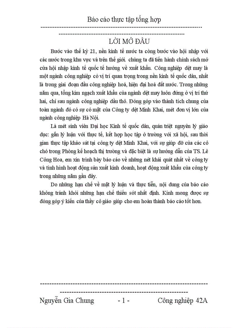 image for page Báo cáo tổng hợp về Công ty dệt MINH KHAI