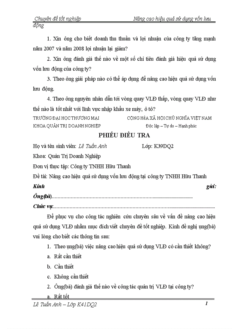 image for page Nâng cao hiệu quả sử dụng vốn lưu động ở Công ty TNHH Hữu Thanh