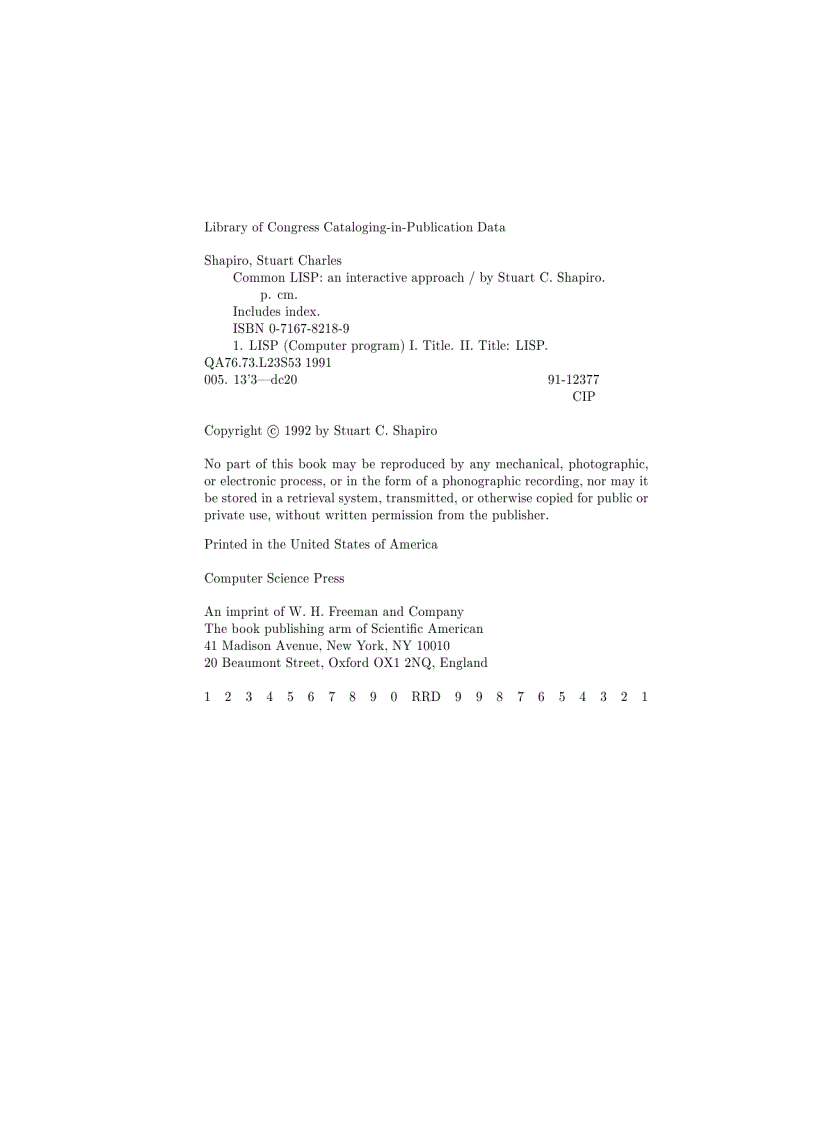 image for page Common Lisp An Interactive Approach Principles of Computer Science Series