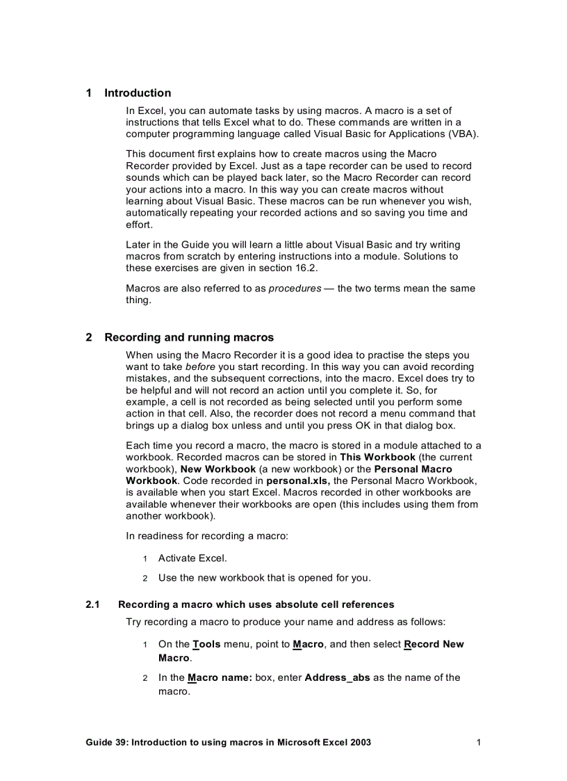 image for page Introduction to using Macros in Microsoft Excel 2003