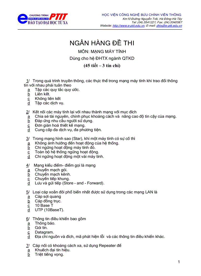 image for page Ngân hàng đề thi Mạng máy tính