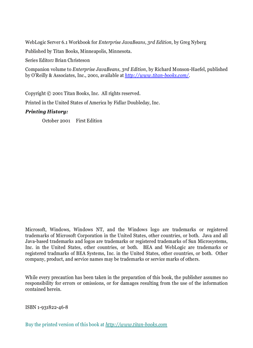 WebLogic Server 6 1 Workbook for Enterprise JavaBeans 3rd Edition