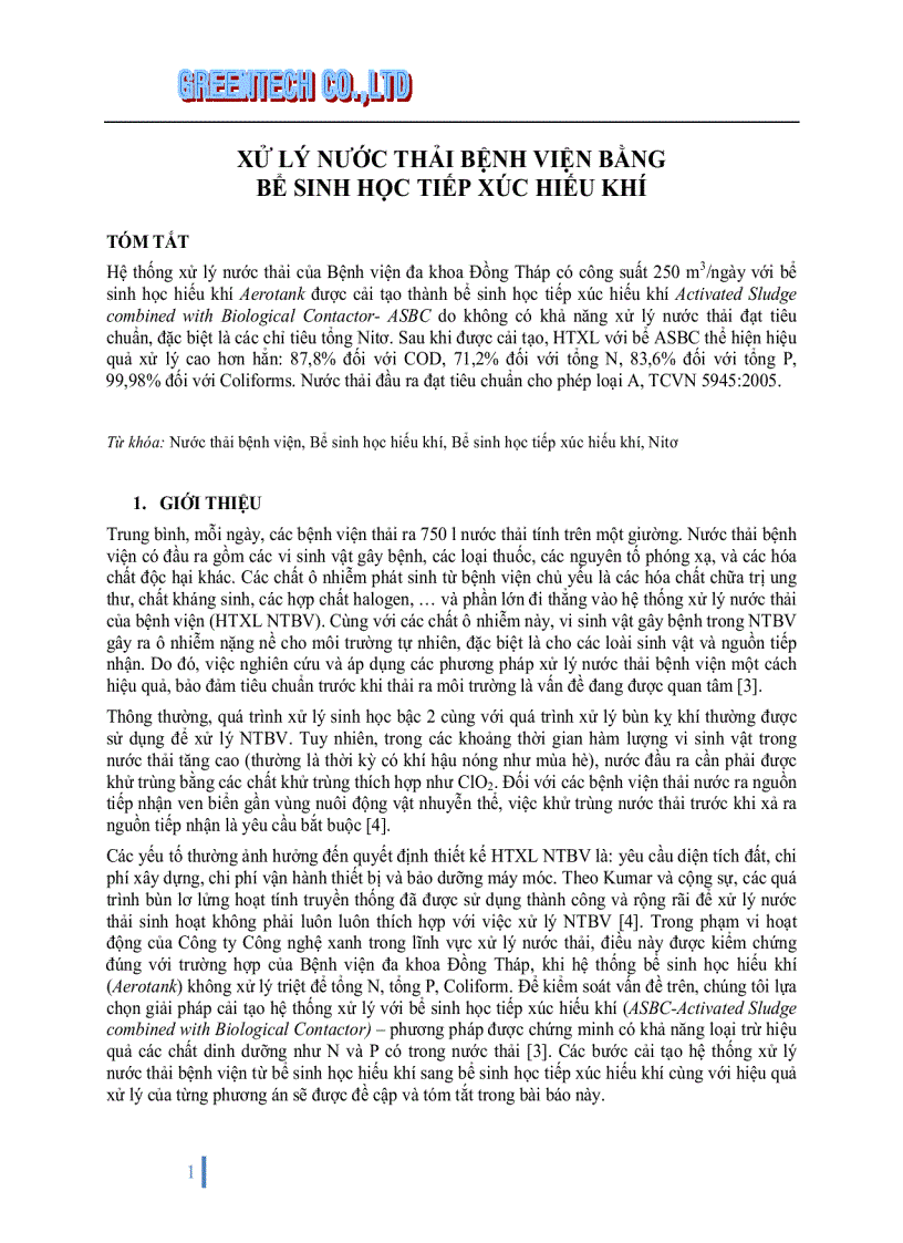 image for page Xử lý nước thải bệnh viện bằng bể sinh học tiếp xúc hiếu khí