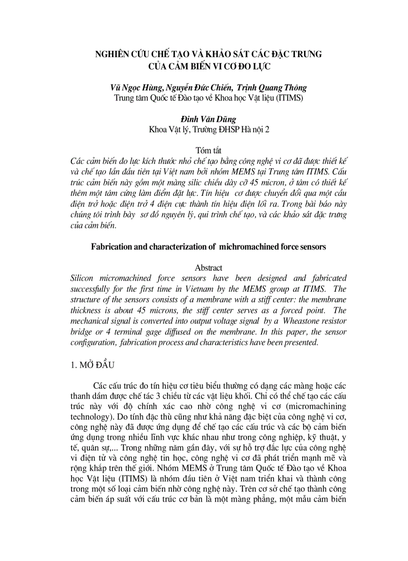 image for page Nghiên cứu chế tạo khảo sát các đặc trưng của cảm biến vi cơ đo lực