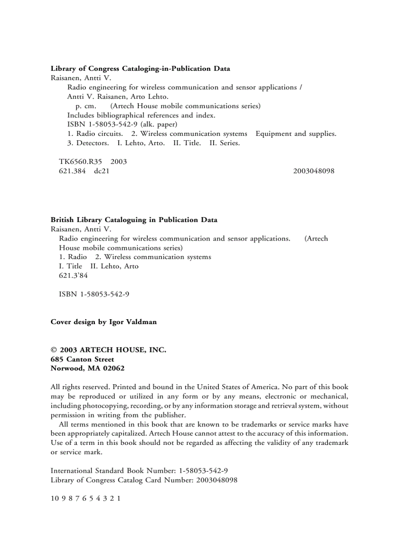 image for page Radio Engineering for Wireless Communication and Sensor Applications
