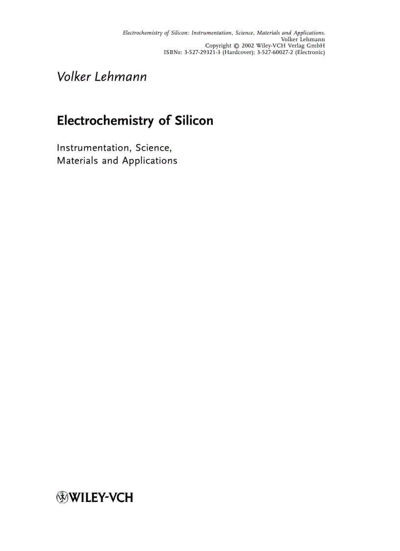 image for page Electrochemistry of Silicon Instrumentation Science Materials and Applications