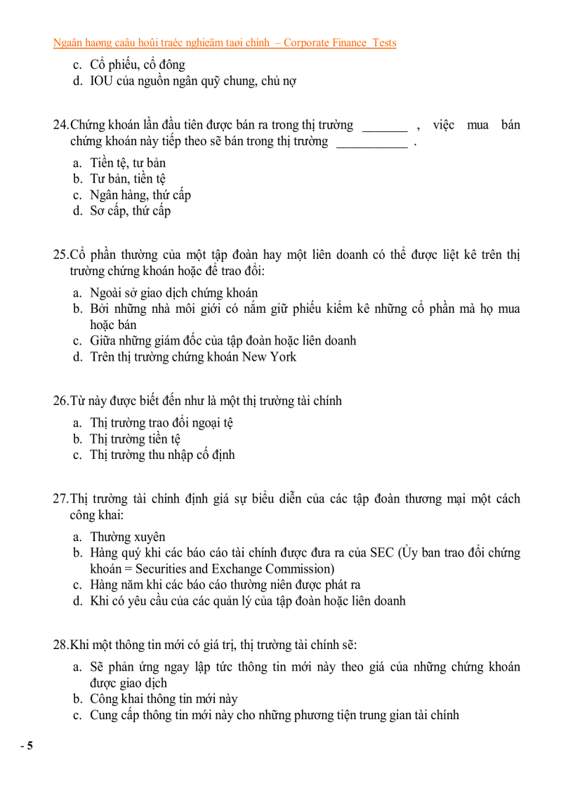 image for page Ngân hàng câu hỏi trắc nghiệm về tài chính