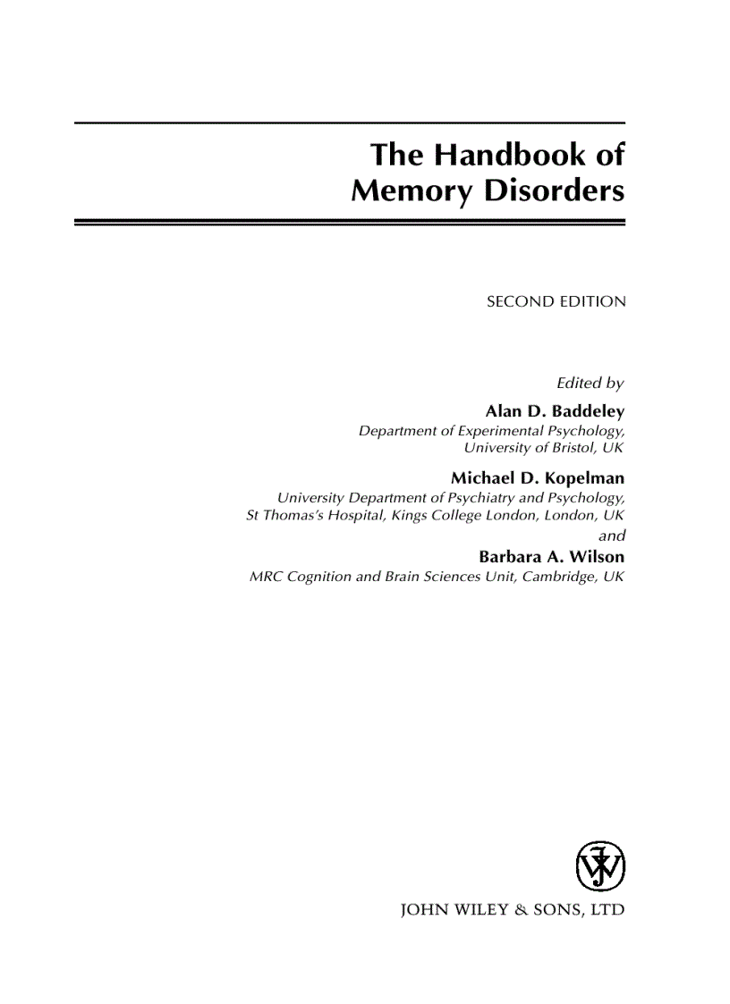 image for page The Handbook of Memory Disorders 2nd Edition
