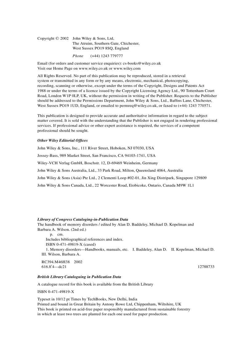 image for page The Handbook of Memory Disorders 2nd Edition