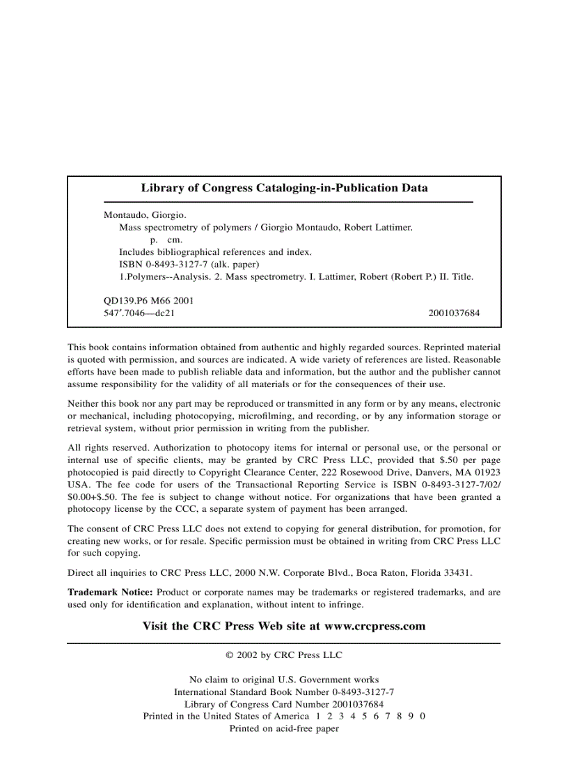 image for page Mass Spectrometry of Polymers 1st Edition