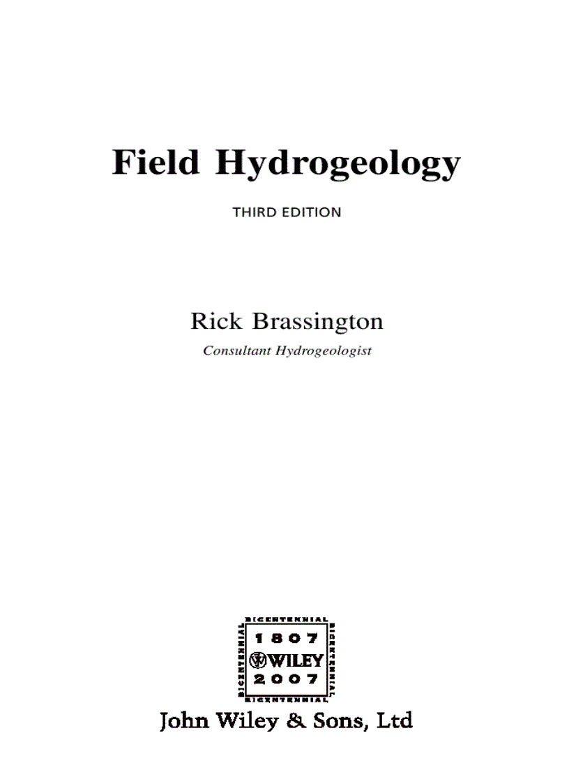 Field Hydrogeology Geological Field Guide 3rd Ed