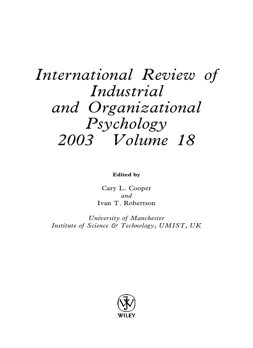 International Review of Industrial and Organizational Psychology 2003 Vol 18