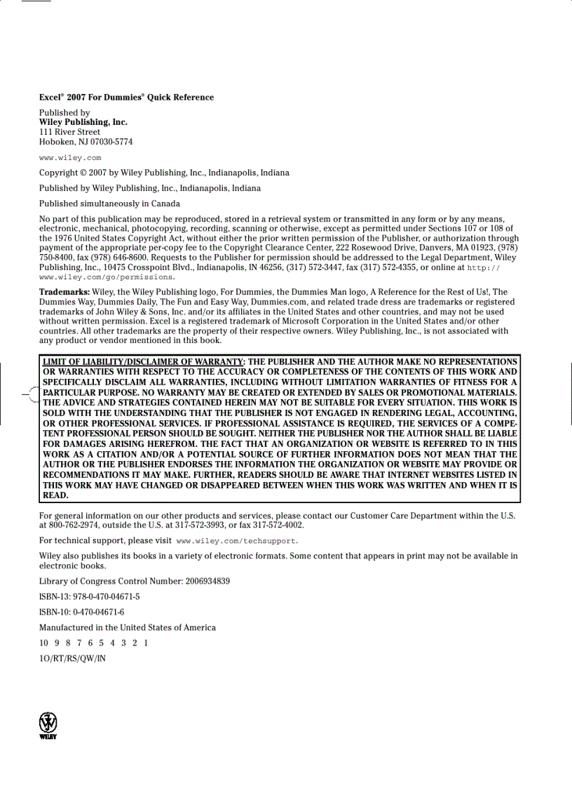 image for page Excel 2007 For Dummies Quick Reference