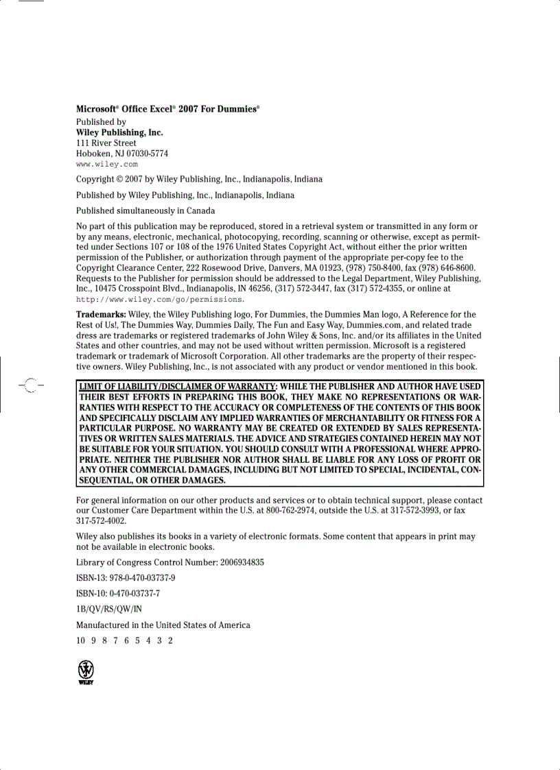 image for page Mircosoft Office Excel 2007 For Dummies