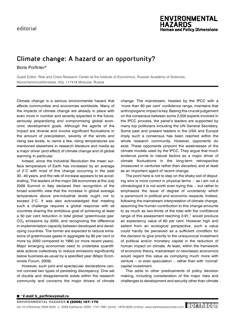 Climate Change as Environmental and Economic Hazard