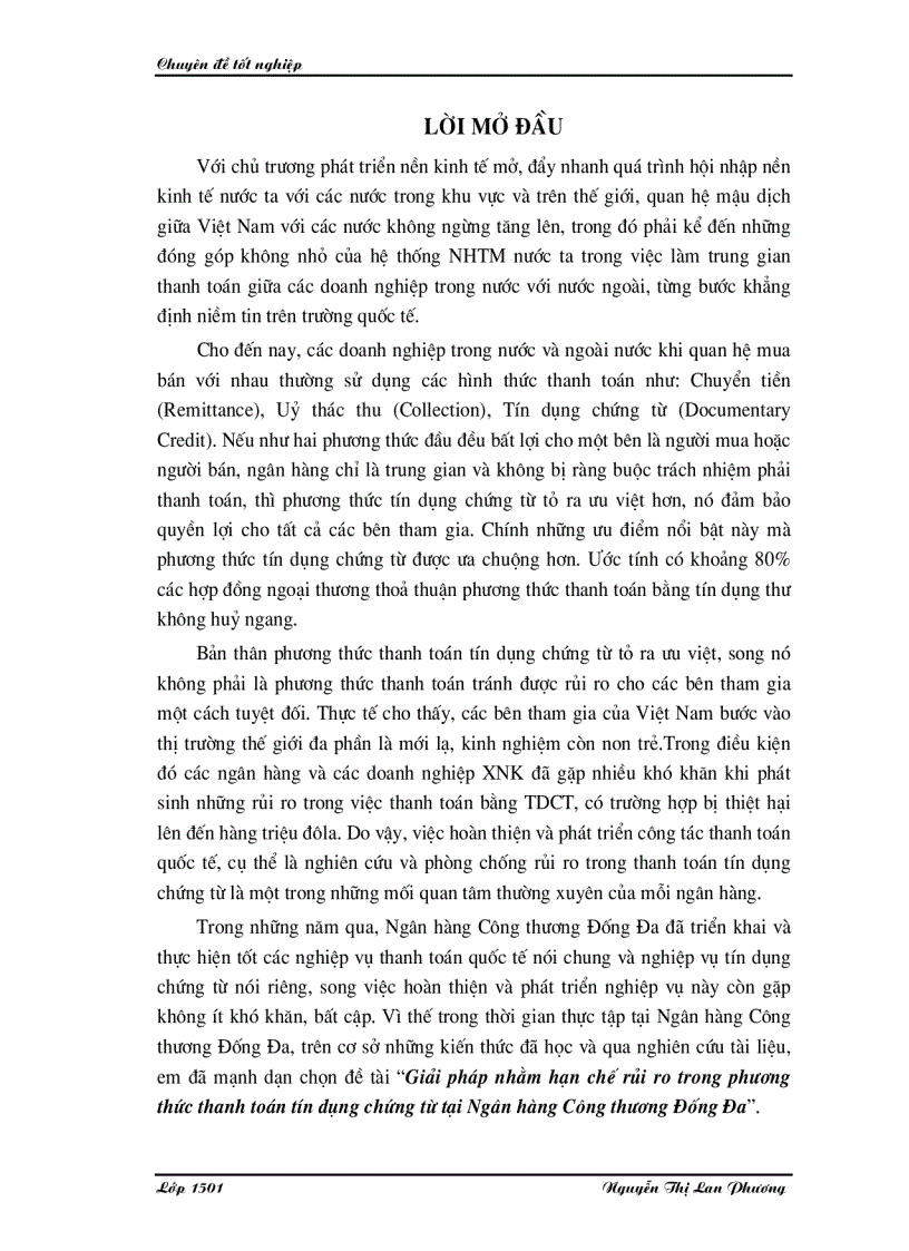 image for page Giải pháp nhằm hạn chế rủi ro trong phương thức thanh toán tín dụng chứng từ tại Ngân hàng Công thương Đống Đa