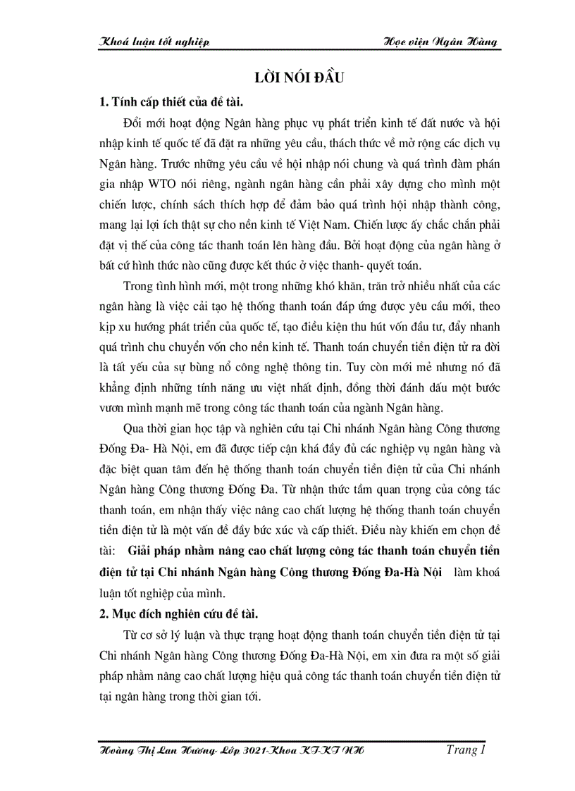 Giải pháp nhằm nâng cao chất lượng công tác thanh toán chuyển tiền điện tử tại Chi nhánh Ngân hàng Công thương Đống Đa Hà Nội