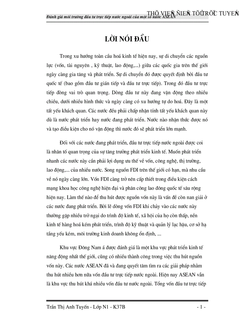 Đánh giá môi trường đầu tư trực tiếp nước ngoài của một số nước ASEAN