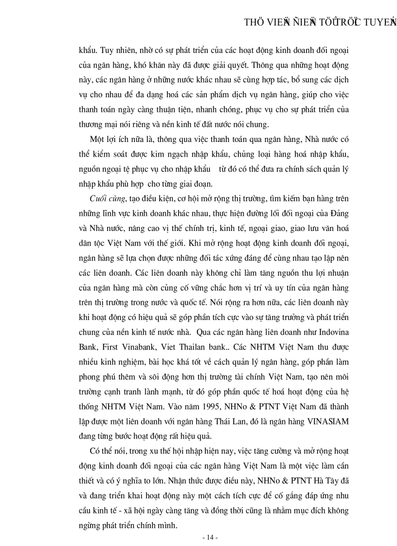 image for page Tìm hiểu một số vấn đề về hoạt động của NHNo PTNT tỉnh Hà Tây góp phần mở rộng quan hệ kinh tế đối ngoại của nước ta trong giai đoạn hiện nay