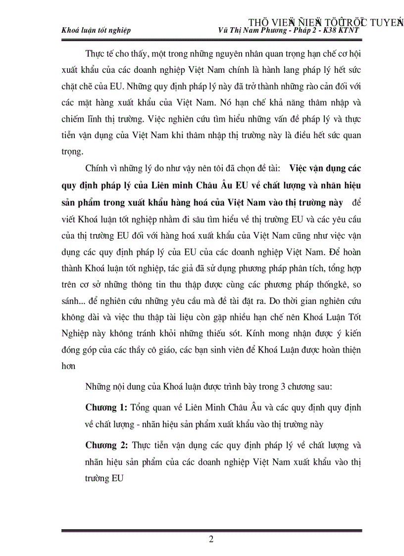 image for page Việc vận dụng các quy định pháp lý của Liên minh Châu Âu EU về chất lượng và nhãn hiệu sản phẩm trong xuất khẩu hàng hoá của Việt Nam vào thị trường này