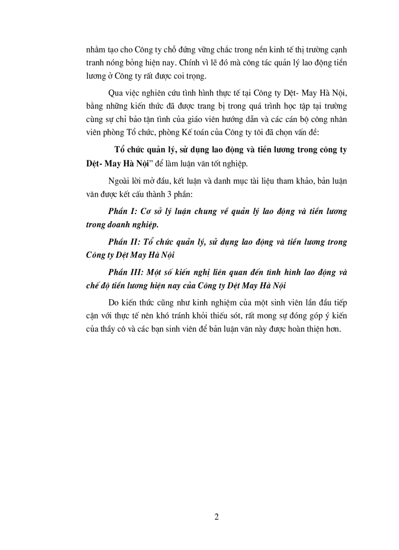 image for page Tổ chức quản lý sử dụng lao động và tiền lương trong công ty Dệt May Hà Nội