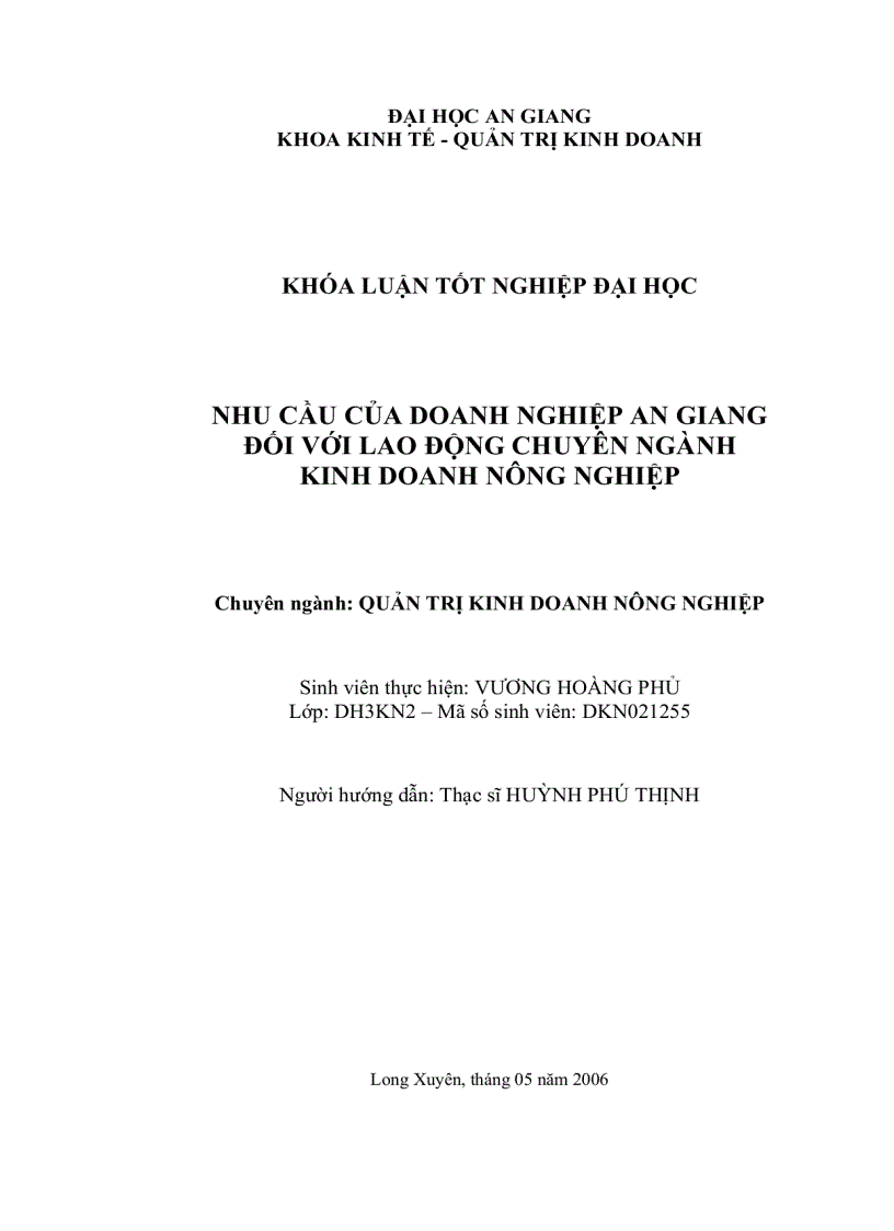 Nhu cầu của Doanh nghiệp An Giang đối với lao động chuyên ngành Kinh doanh nông nghiệp