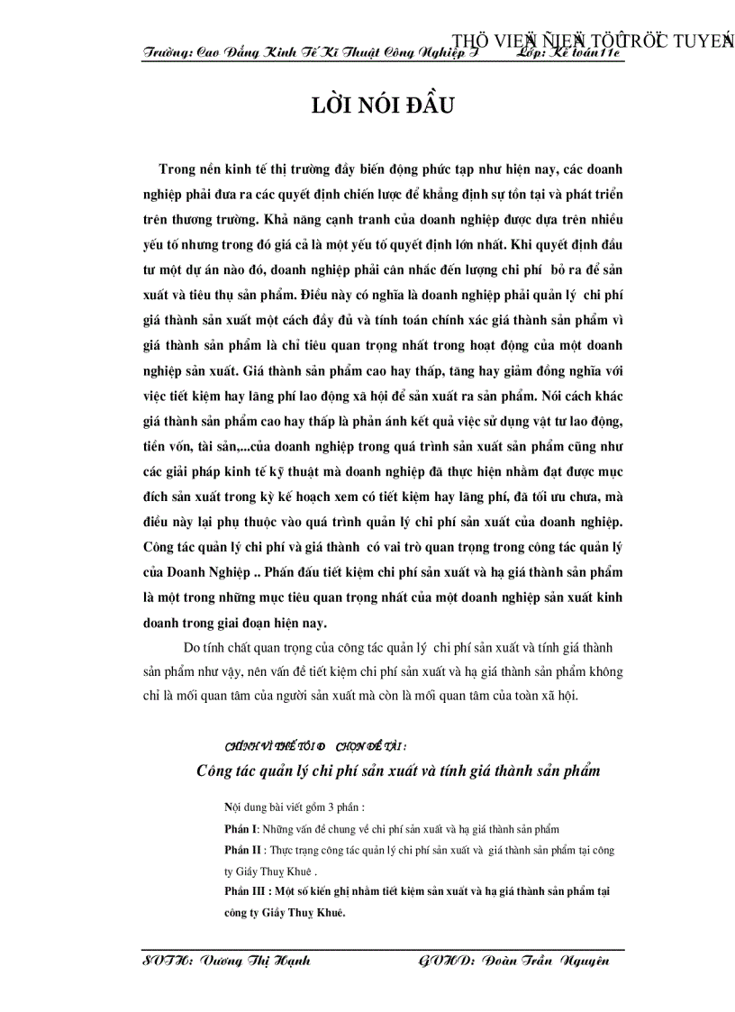 Công tác quản lý chi phí sản xuất và tính giá thành sản phẩm tại công ty Giầy Thuỵ Khuê