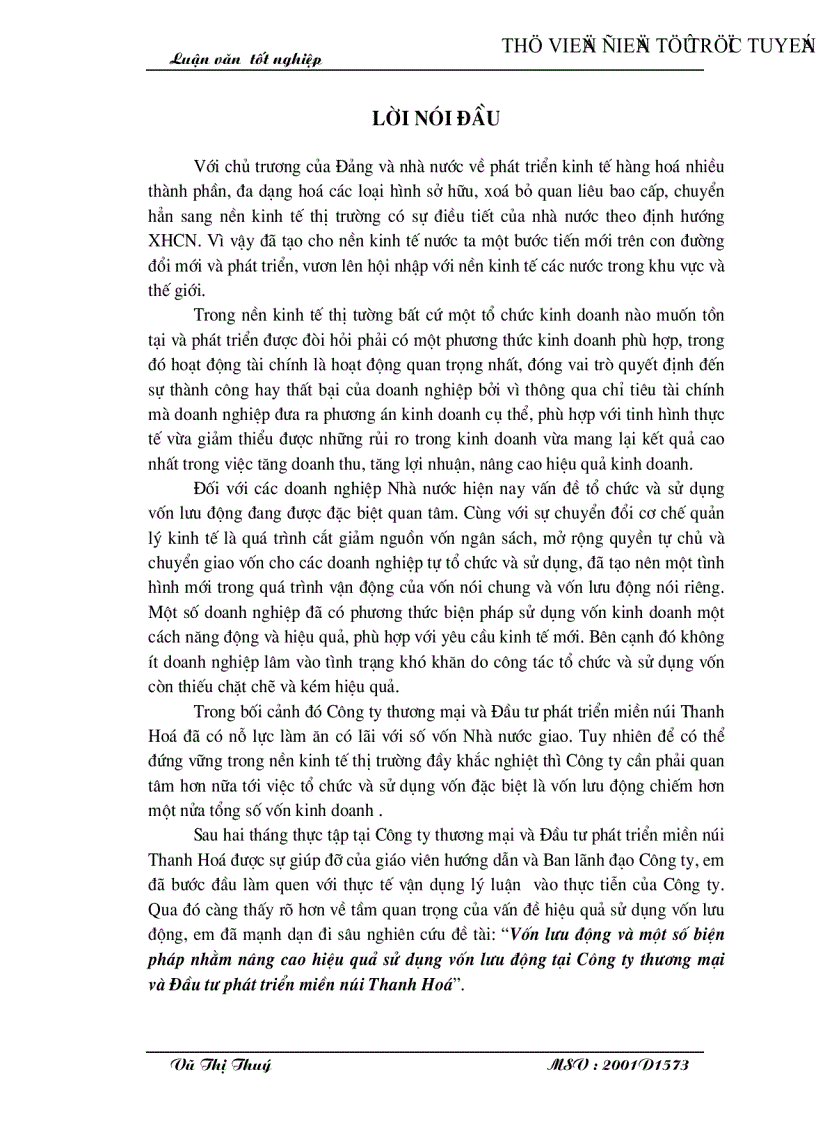image for page Vốn lưu động và một số biện pháp nhằm nâng cao hiệu quả sử dụng vốn lưu động tại Công ty thương mại và Đầu tư phát triển miền núi Thanh Hoá