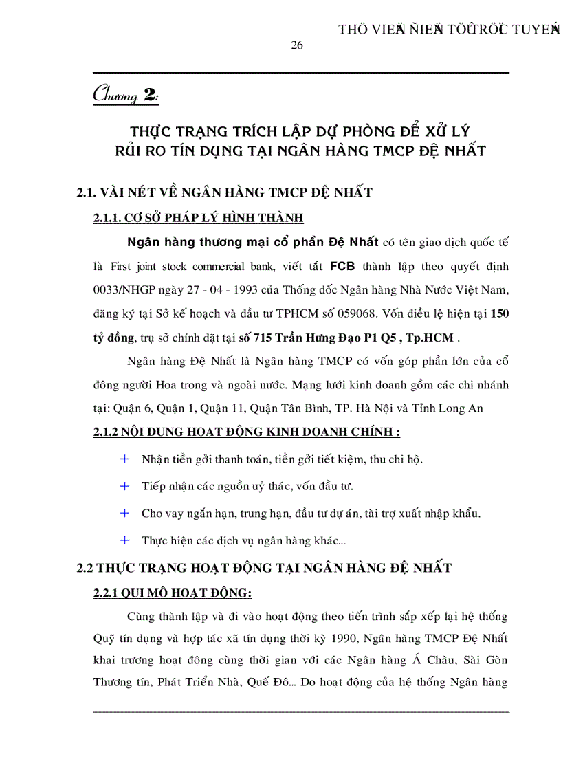 image for page Trích lập và sử dụng dự phòng để xử lý rủi ro tín dụng trong hoạt động kinh doanh của ngân hàng TMCP Đệ Nhất