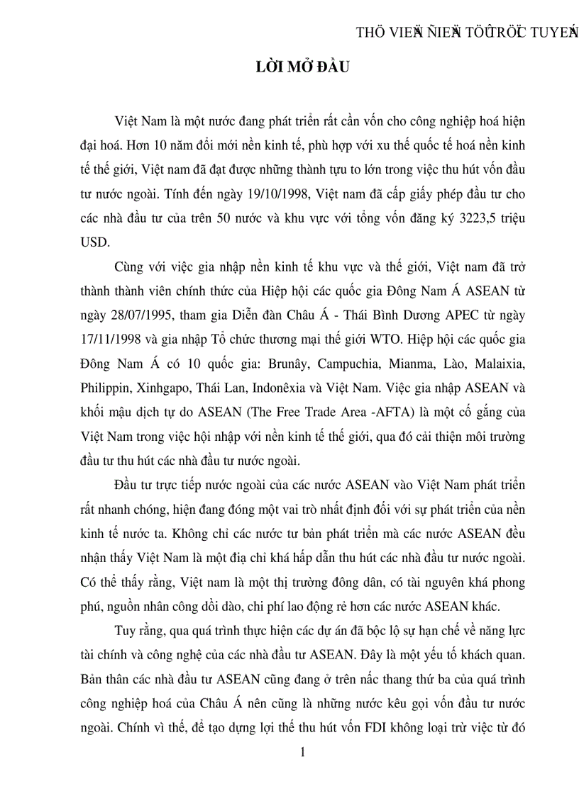 Đầu tư trực tiếp của các nước ASEAN vào Việt Nam thực trạng và triển vọng