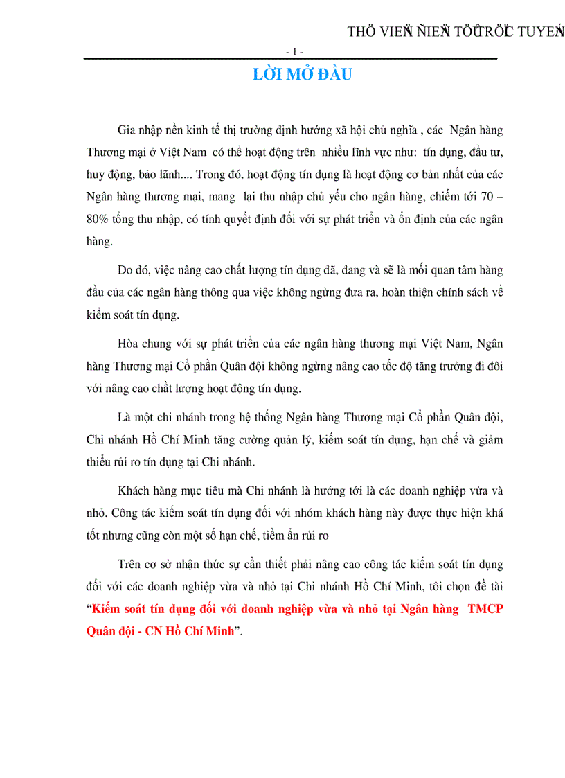 image for page Kiếm soát tín dụng đối với doanh nghiệp vừa và nhỏ tại Ngân hàng TMCP Quân đội CN Hồ Chí Minh
