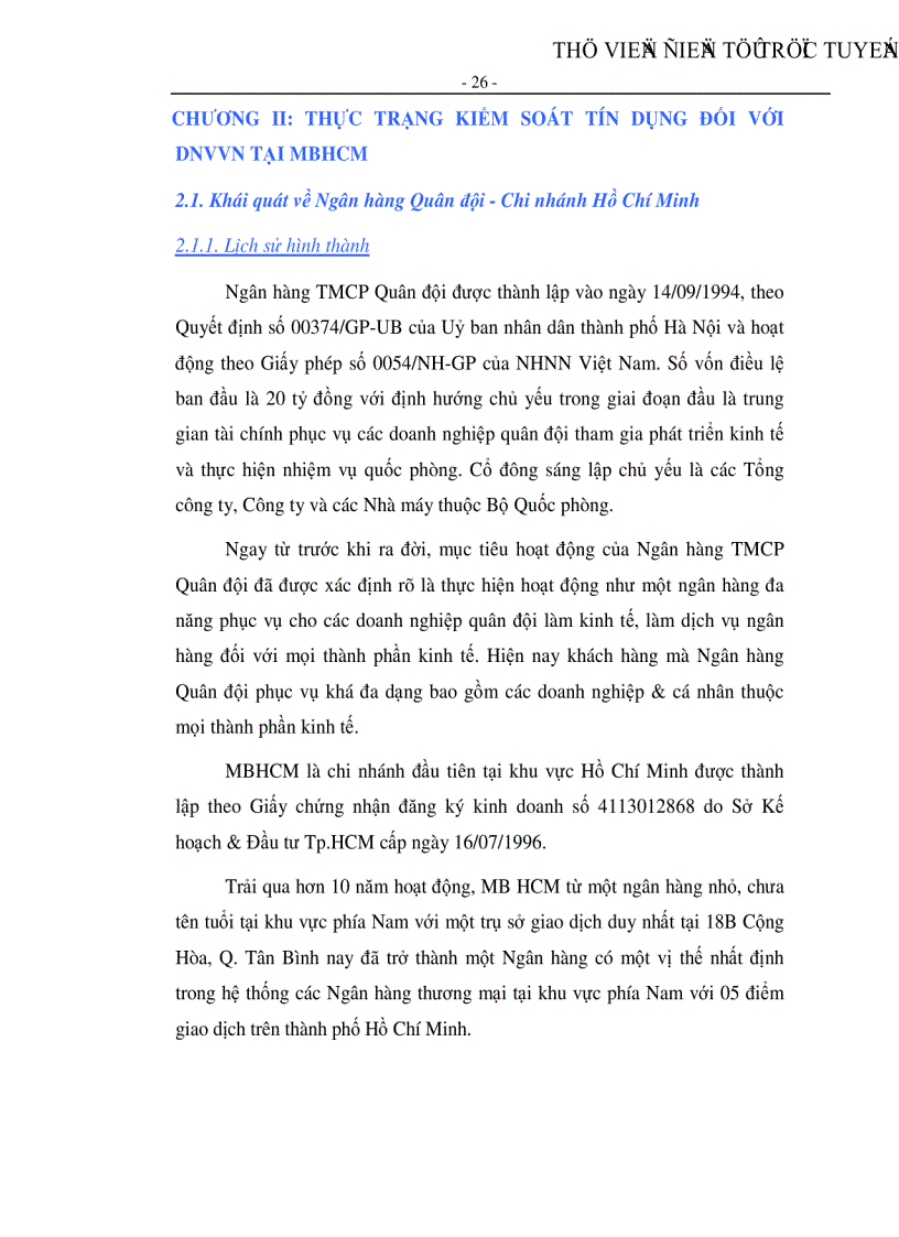 image for page Kiếm soát tín dụng đối với doanh nghiệp vừa và nhỏ tại Ngân hàng TMCP Quân đội CN Hồ Chí Minh